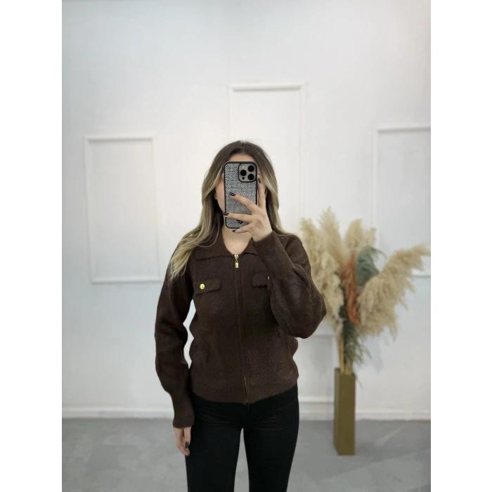 Angora Cep Detaylı Gömlek Yaka Hırka