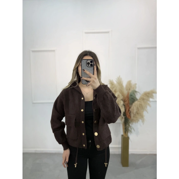 Angora Kapişonlu Düğmeli Hırka