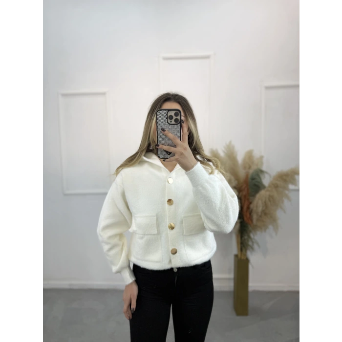 Angora Kapişonlu Düğmeli Hırka