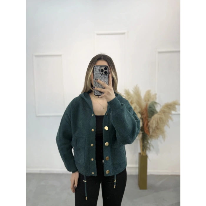 Angora Kapişonlu Düğmeli Hırka