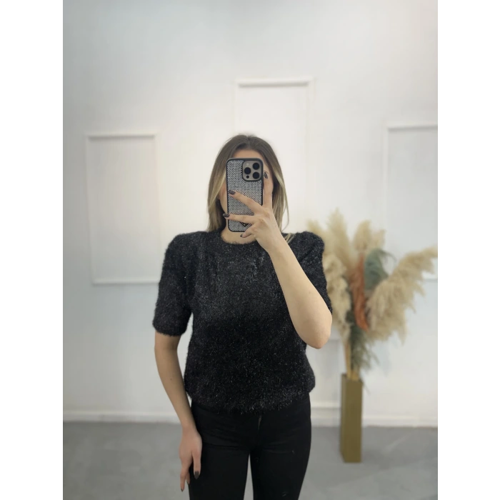 Simli Angora Kısa Kol Kazak