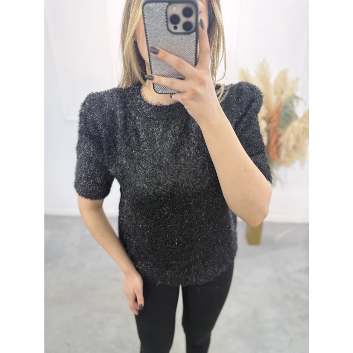 Simli Angora Kısa Kol Kazak