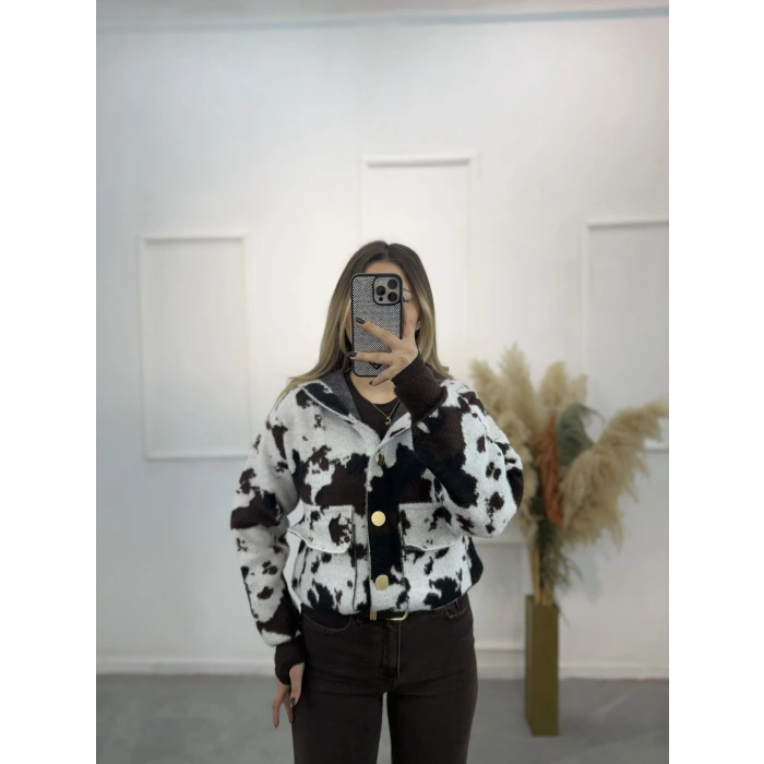 Angora Desenli Kapişonlu Çıtçıt Hırka