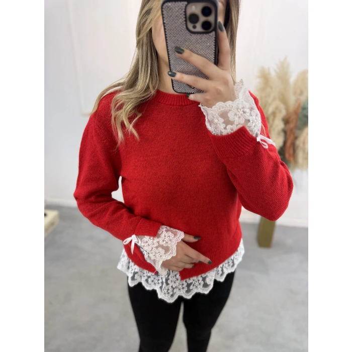 Lilt Kol Ve Etek Ucu Dantelli Kazak