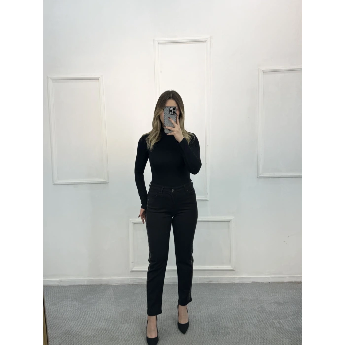 Profit Likralı Yan Leopar Taşlı Mom Jean