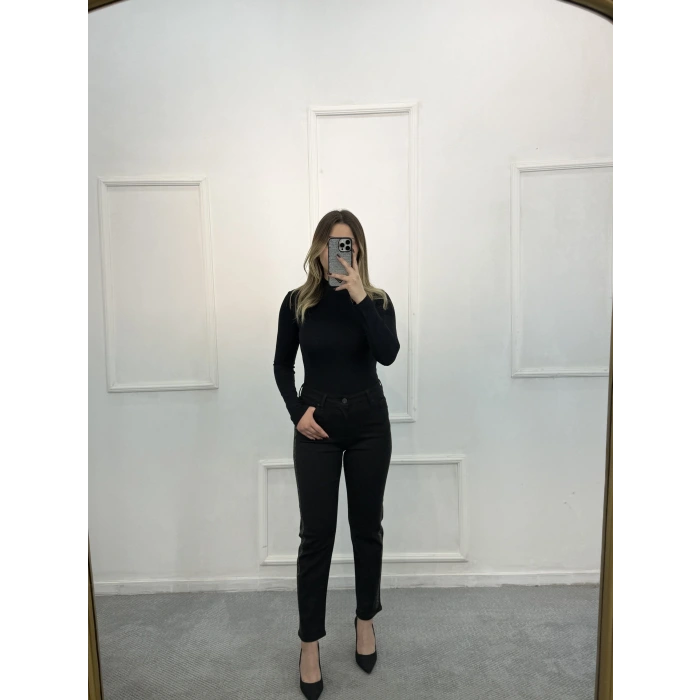 Profit Likralı Yan Leopar Taşlı Mom Jean