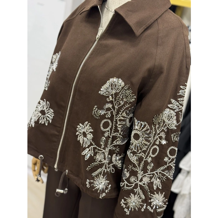 Noz Nakış İşlemeli Fermuarlı Tasarım Ceket