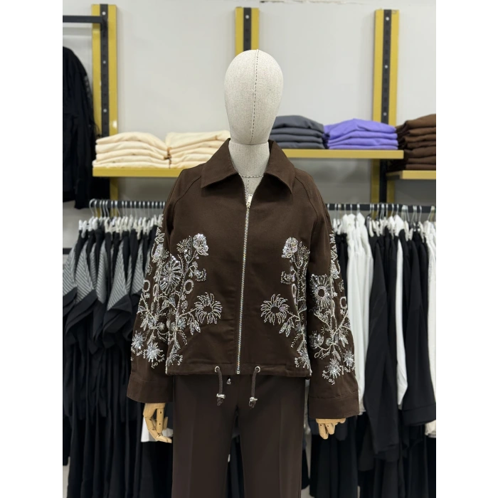 Noz Nakış İşlemeli Fermuarlı Tasarım Ceket