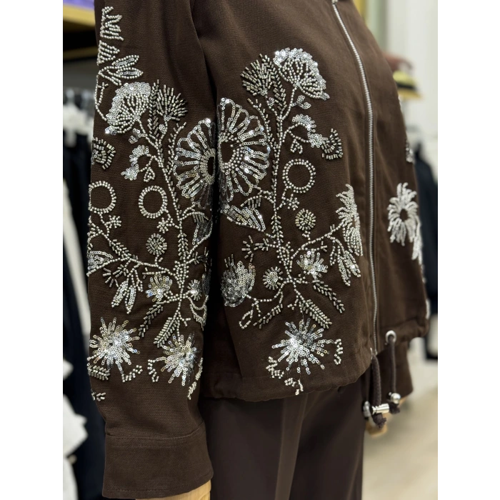 Noz Nakış İşlemeli Fermuarlı Tasarım Ceket