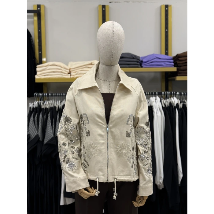 Noz Nakış İşlemeli Fermuarlı Tasarım Ceket