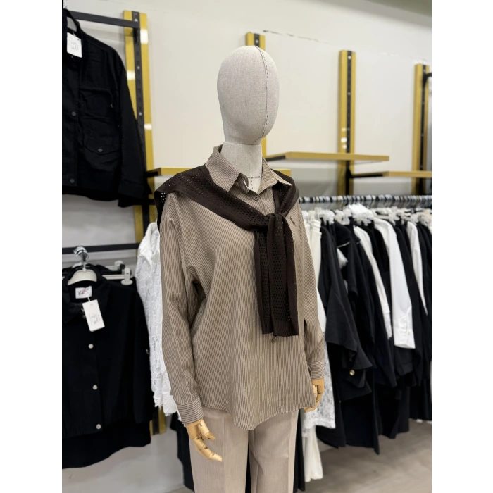 File Atkılı Çizgili İthal Gömlek