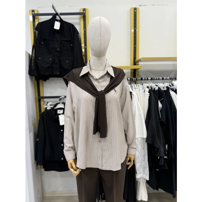 File Atkılı Çizgili İthal Gömlek