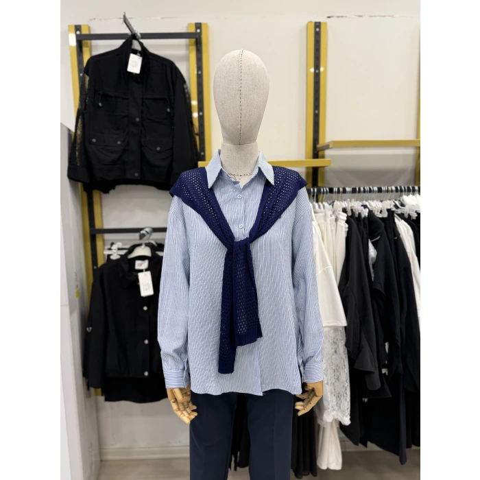 File Atkılı Çizgili İthal Gömlek