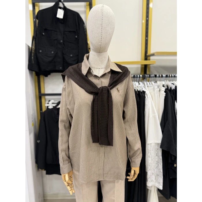 File Atkılı Çizgili İthal Gömlek