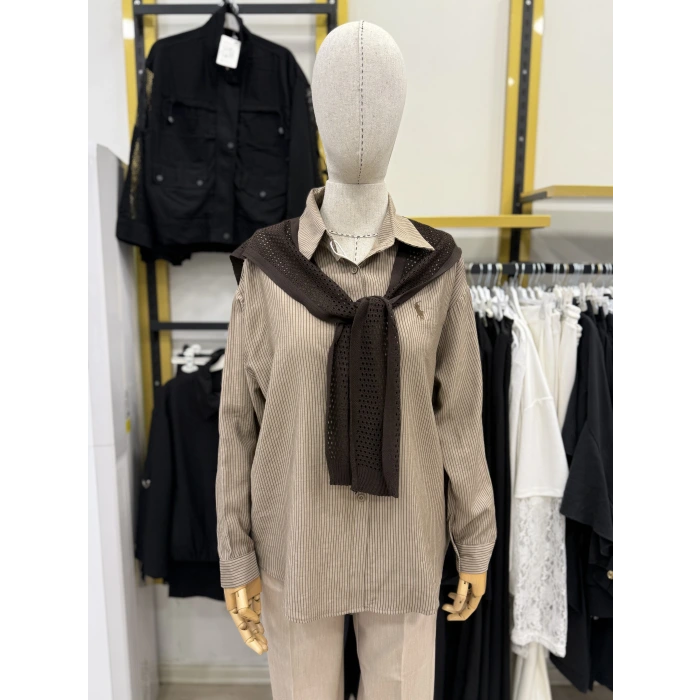 File Atkılı Çizgili İthal Gömlek