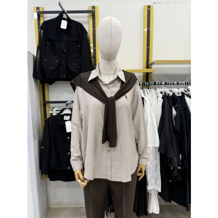 File Atkılı Çizgili İthal Gömlek