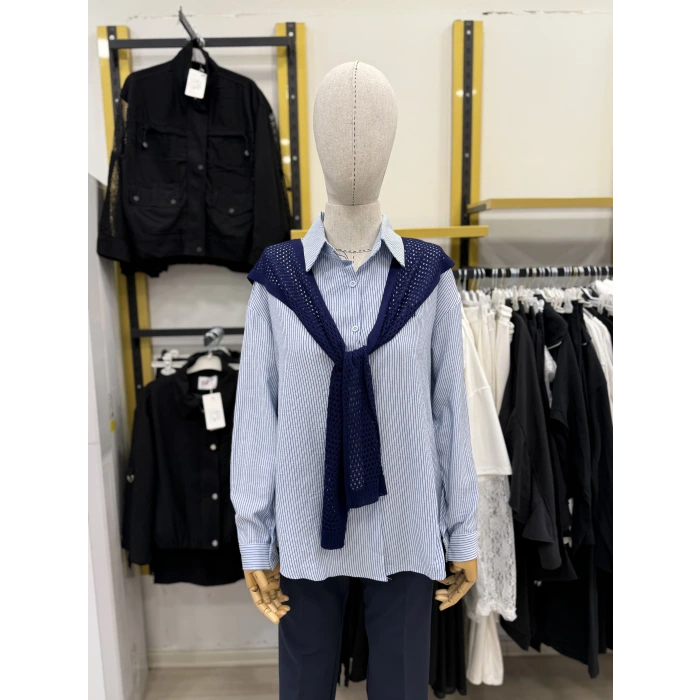 File Atkılı Çizgili İthal Gömlek