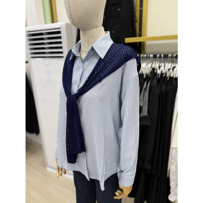 File Atkılı Çizgili İthal Gömlek