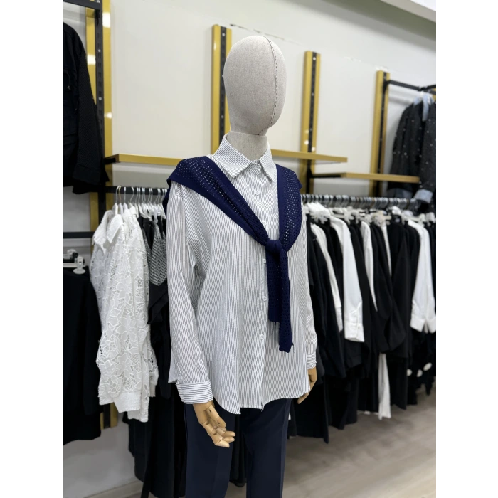 File Atkılı Çizgili İthal Gömlek