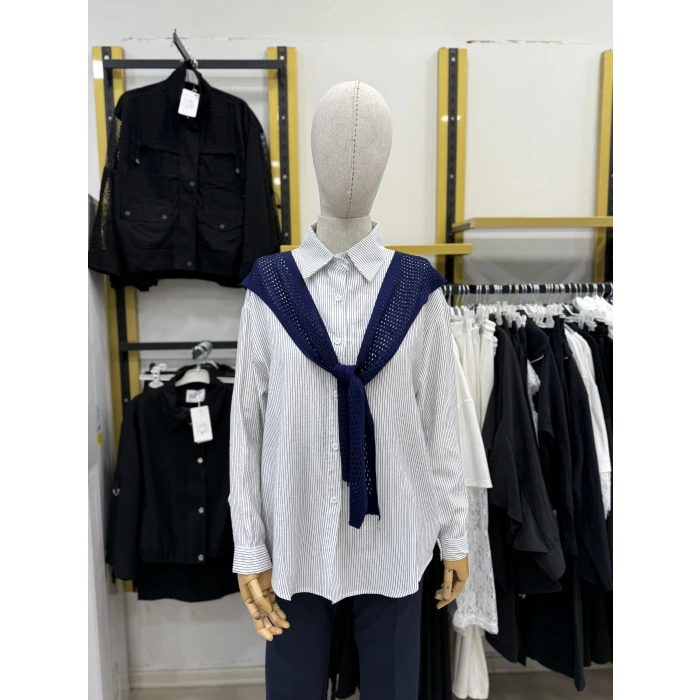 File Atkılı Çizgili İthal Gömlek