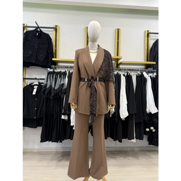 Omuz Leopar Şİfon Detaylı Tasarım İkili Takım