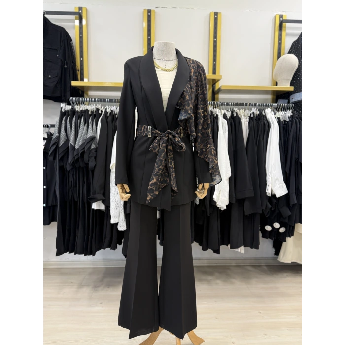 Omuz Leopar Şİfon Detaylı Tasarım İkili Takım