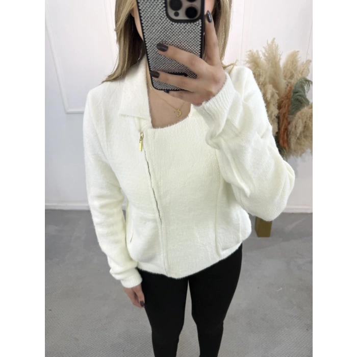 Angora Fermuar Detaylı Gömlek Yaka Hırka