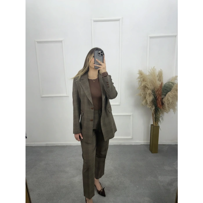 Zra Deri Garnili Çizgili Blazer İkili Takım