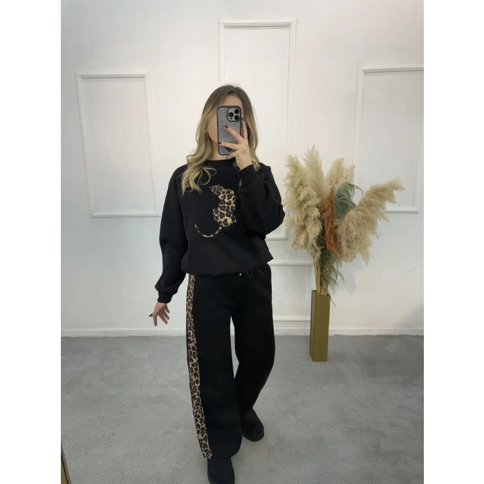 Leopar Şeritli Üç İplik İkili Takım