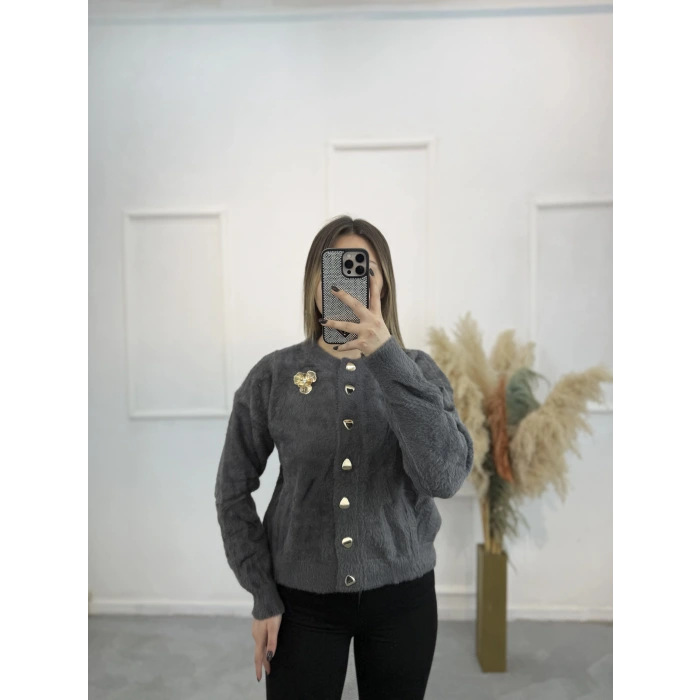 Angora Broşlu Düğmeli Hırka