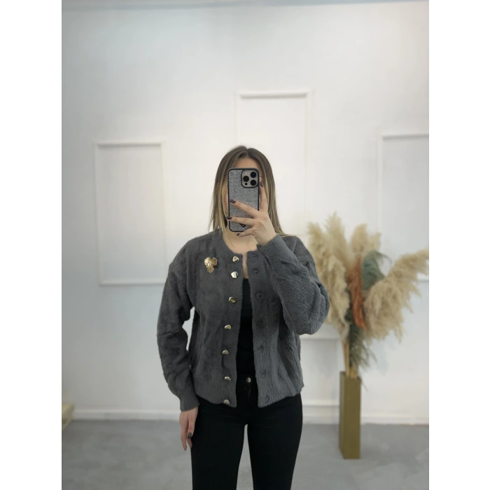 Angora Broşlu Düğmeli Hırka