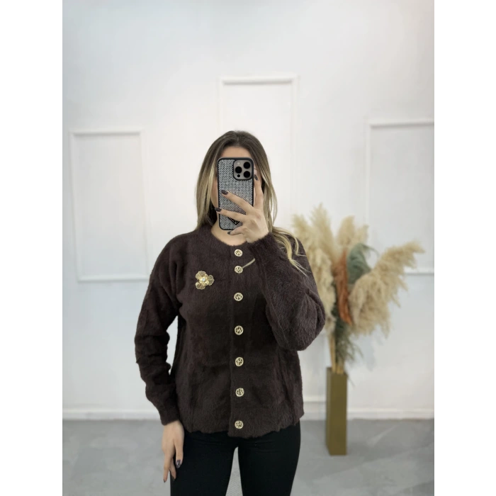 Angora Broşlu Düğmeli Hırka