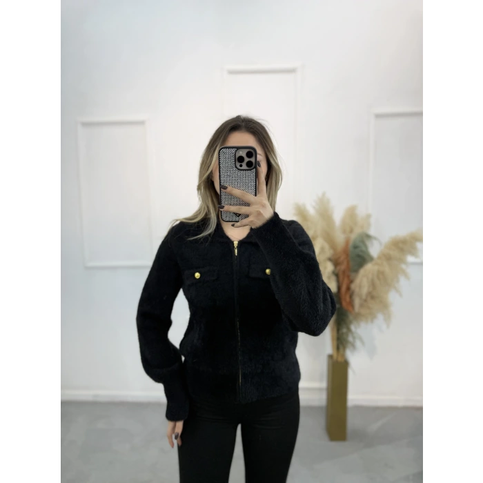 Angora Cep Detaylı Gömlek Yaka Hırka