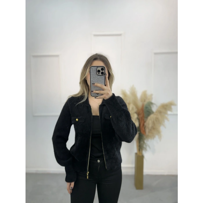 Angora Cep Detaylı Gömlek Yaka Hırka