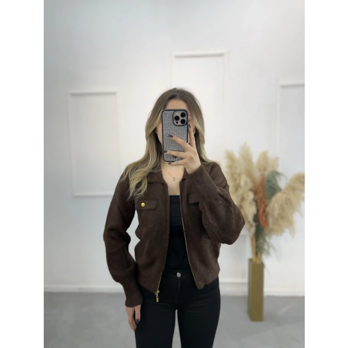 Angora Cep Detaylı Gömlek Yaka Hırka