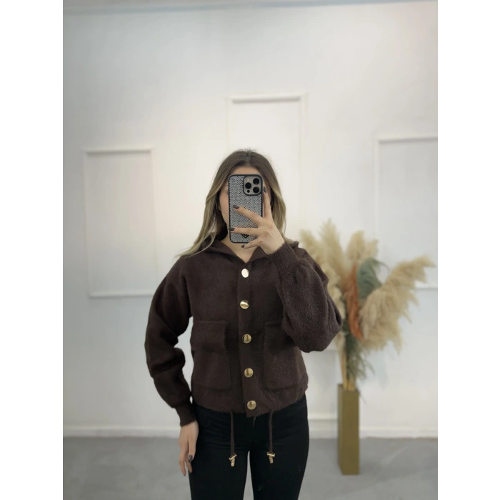 Angora Kapişonlu Düğmeli Hırka