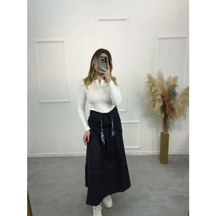 Fular Kemerli Gabardin Pileli Denim Etek