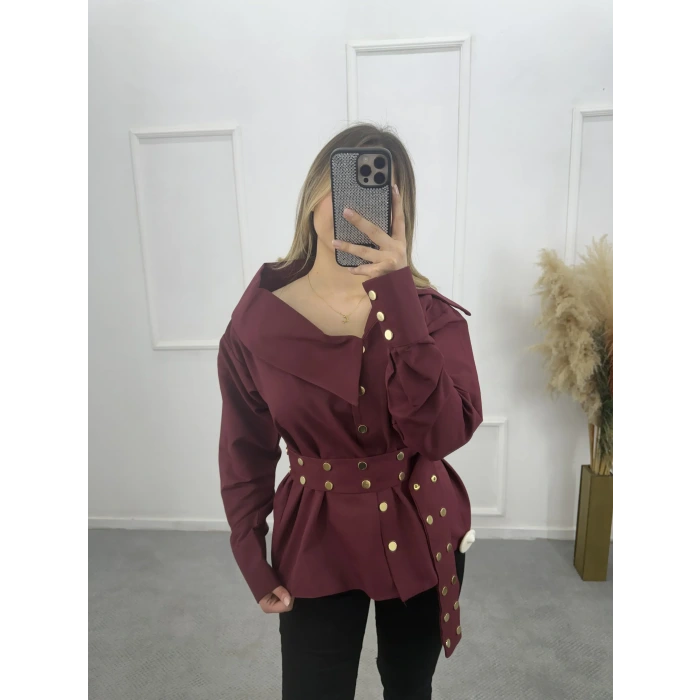 Gold Düğme Ve Kemer Detaylı Gömlek