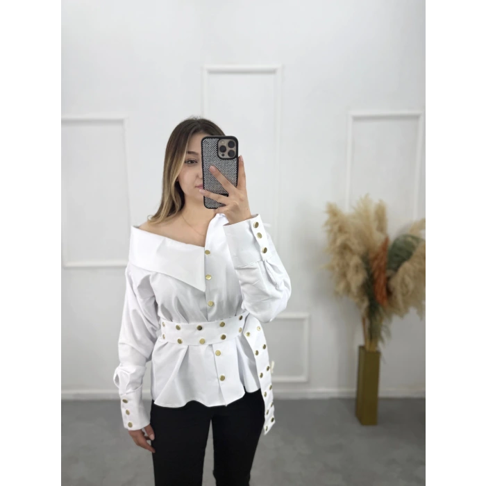 Gold Düğme Ve Kemer Detaylı Gömlek