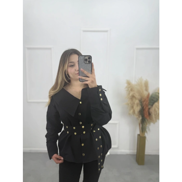 Gold Düğme Ve Kemer Detaylı Gömlek