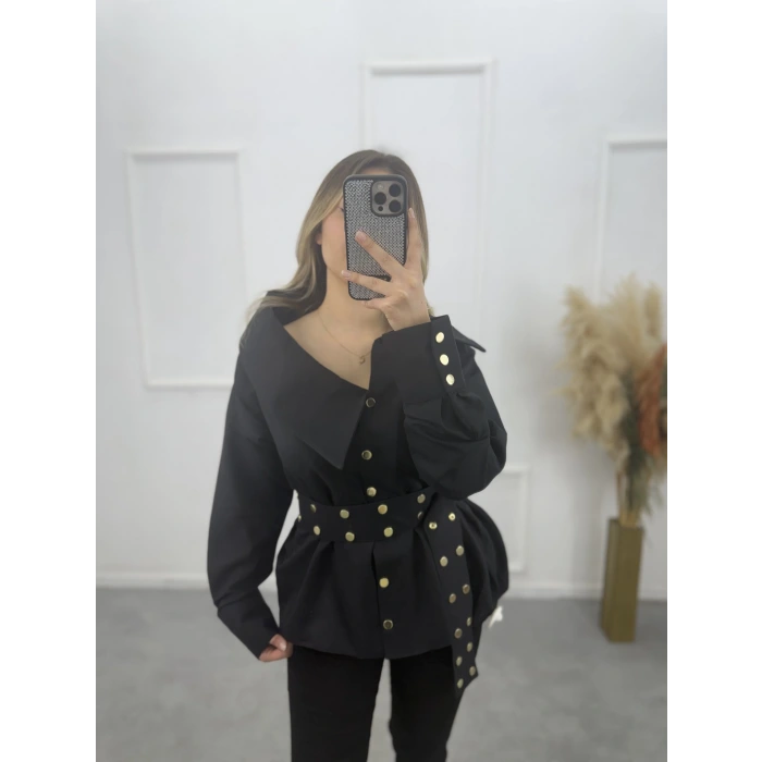 Gold Düğme Ve Kemer Detaylı Gömlek