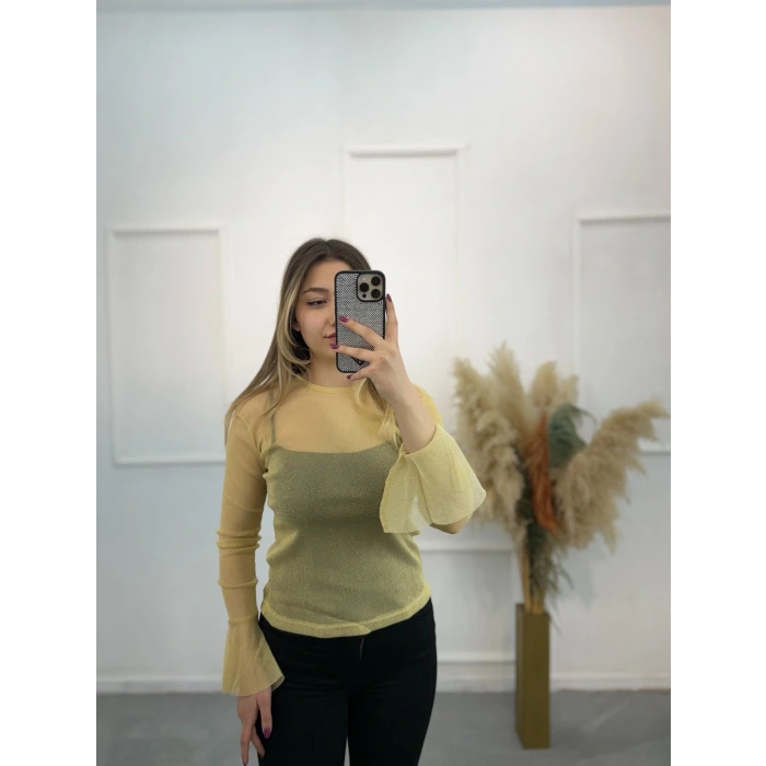 Gold Simli Tül Bluz