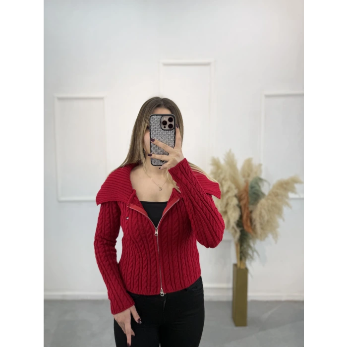 Heliz Fermuarlı Örgülü Hırka