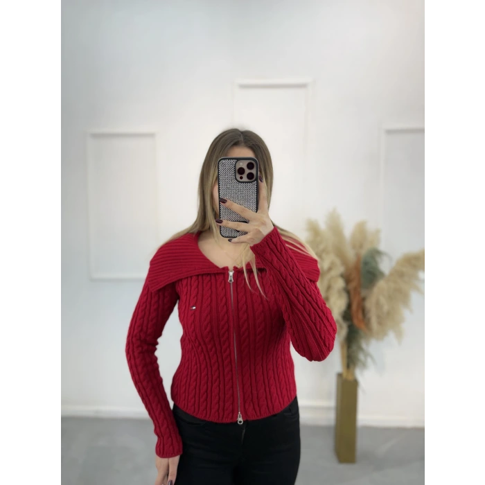 Heliz Fermuarlı Örgülü Hırka