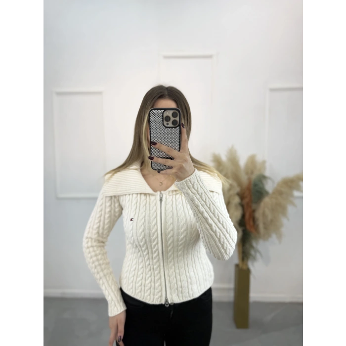 Heliz Fermuarlı Örgülü Hırka