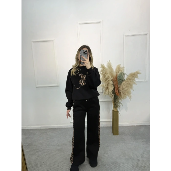 Leopar Şeritli Üç İplik İkili Takım