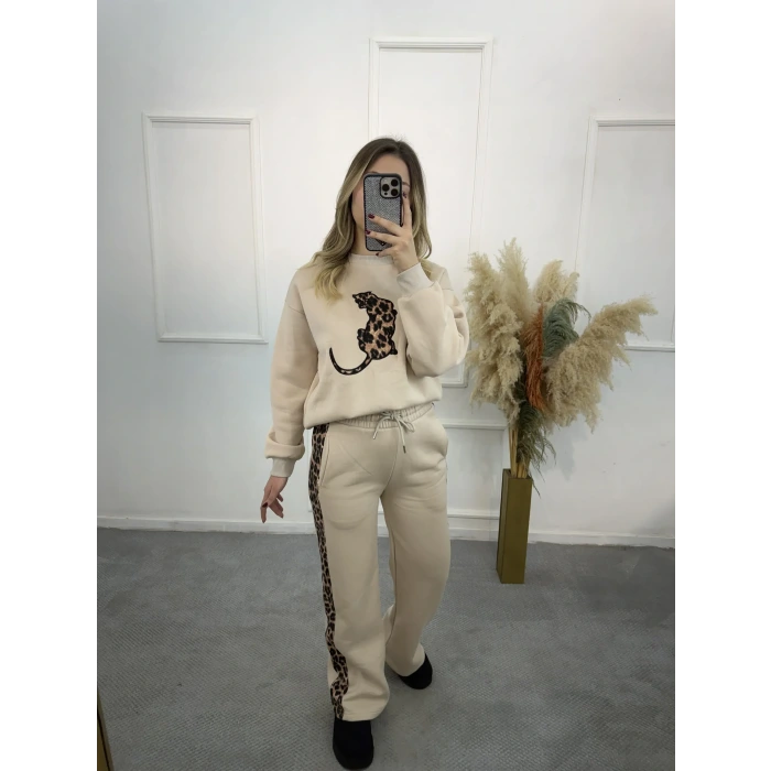 Leopar Şeritli Üç İplik İkili Takım