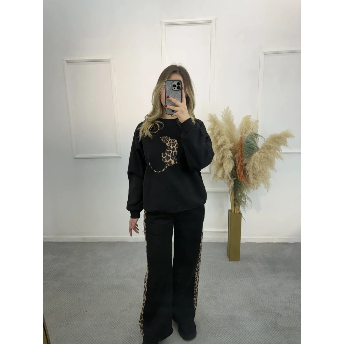 Leopar Şeritli Üç İplik İkili Takım