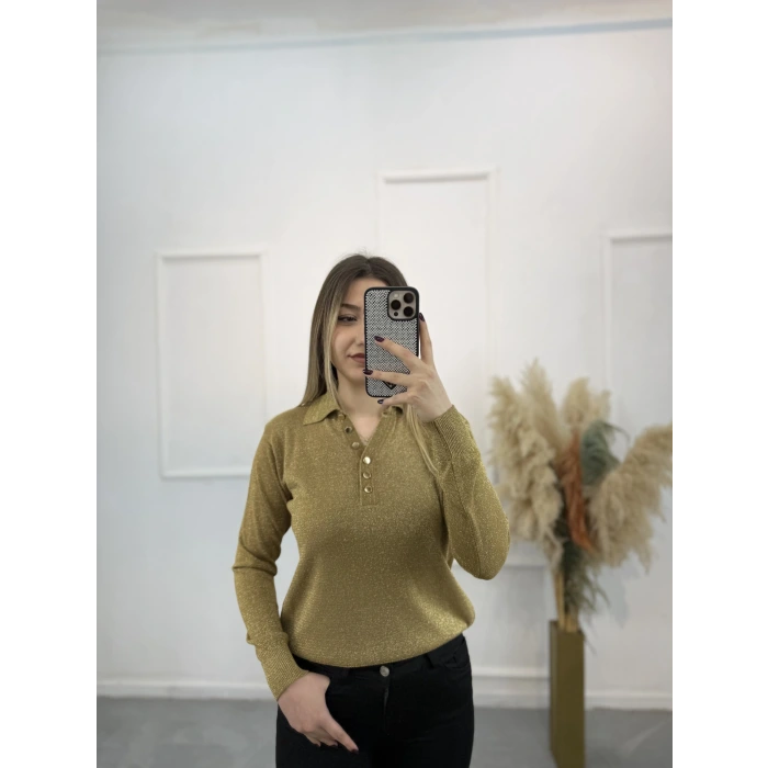Lori Gold Düğmeli Simli Polo Yaka Triko Kazak
