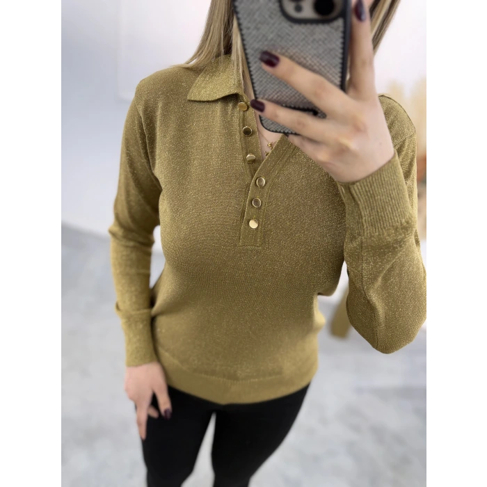 Lori Gold Düğmeli Simli Polo Yaka Triko Kazak